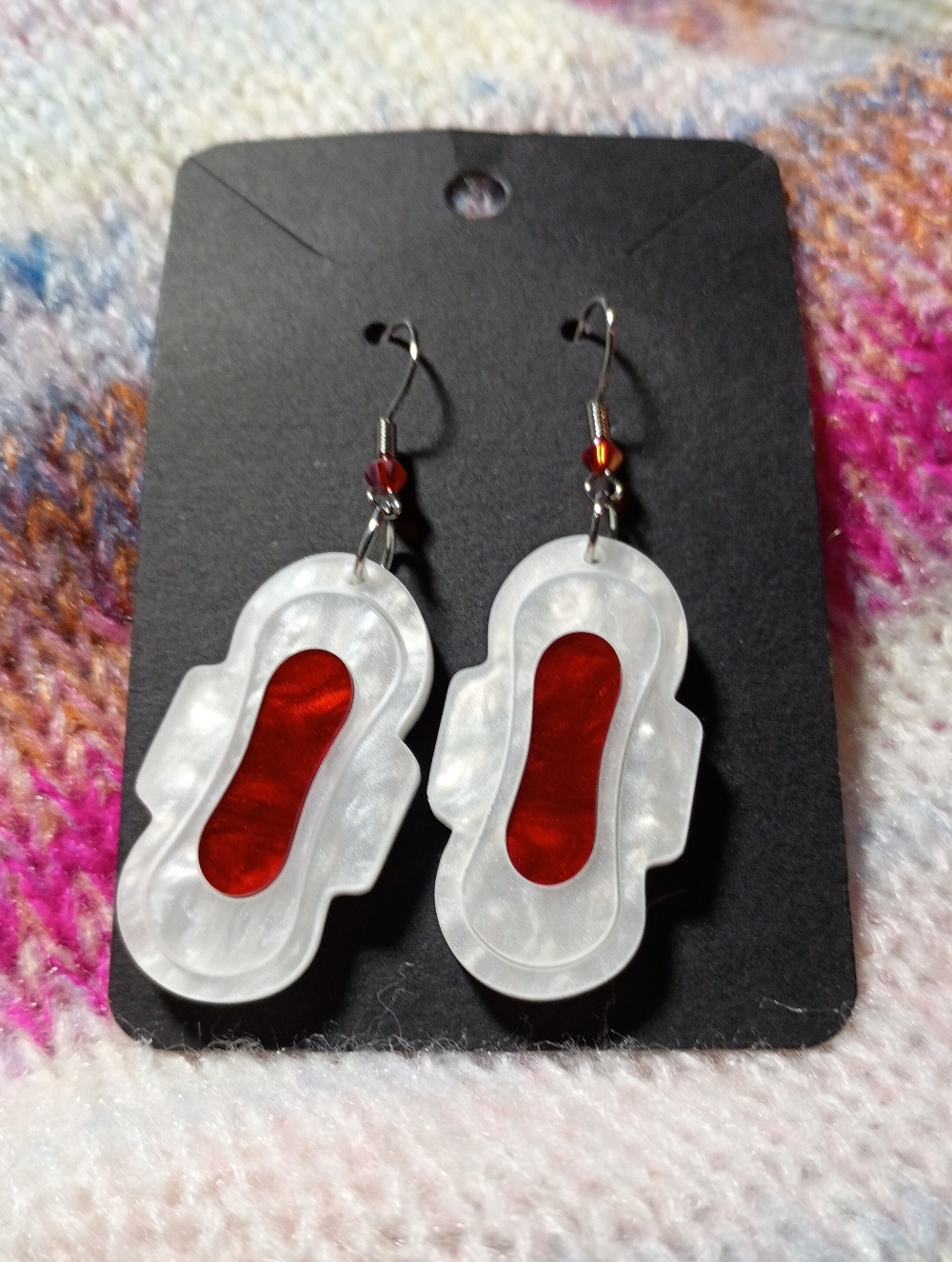 Maxi Pad White Red Pearl Acrylic Earrings Feminist Health Pink Tax Equality